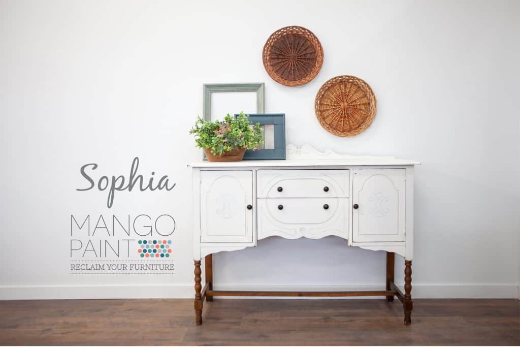 vintage buffet on legs painted in soft white Sophia from Mango Paint, unpainted wooden twist legs